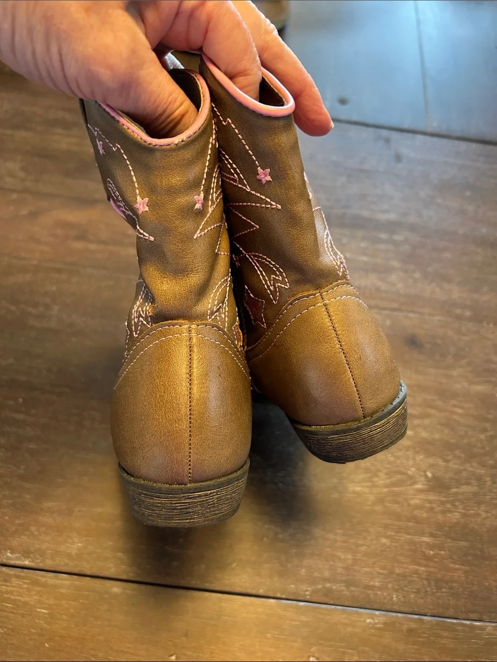 Wonder Nation Brown Faux Leather with Pink Glitter Stars Cowboy Boots
